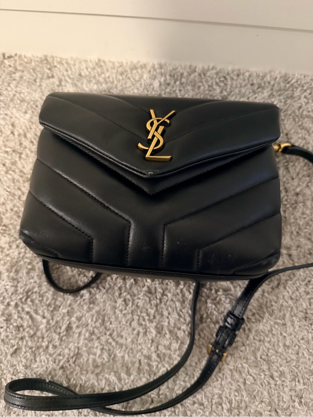 Saint Laurent Black Chevron Quilted Leather Crossbody with Gold YSL